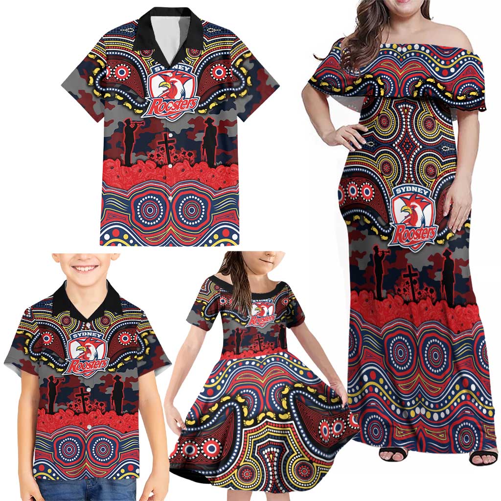 ANZAC Day Sydney Roosters Family Matching Off Shoulder Maxi Dress and Hawaiian Shirt Military Memorial Aboriginal Indigenous Art
