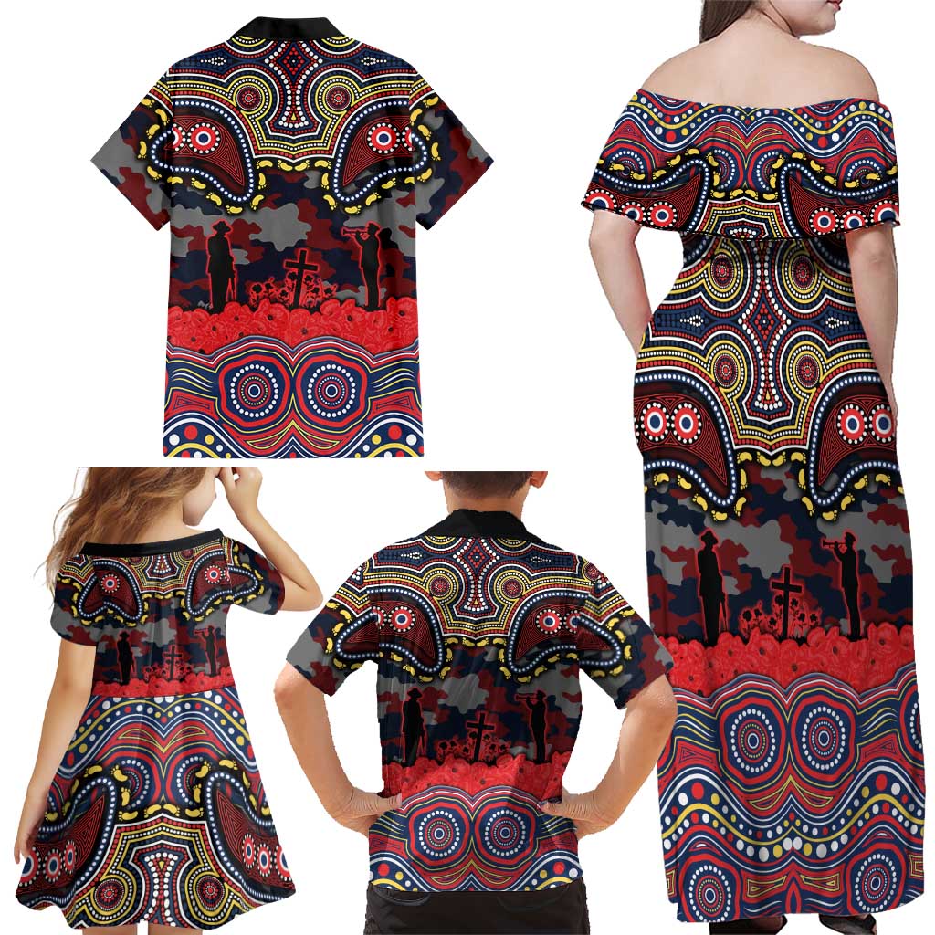 ANZAC Day Sydney Roosters Family Matching Off Shoulder Maxi Dress and Hawaiian Shirt Military Memorial Aboriginal Indigenous Art