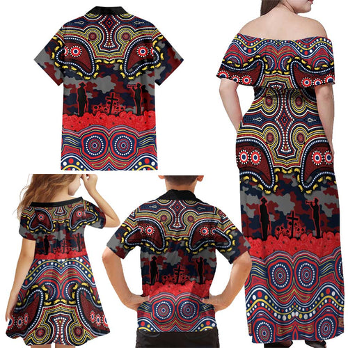 ANZAC Day Sydney Roosters Family Matching Off Shoulder Maxi Dress and Hawaiian Shirt Military Memorial Aboriginal Indigenous Art