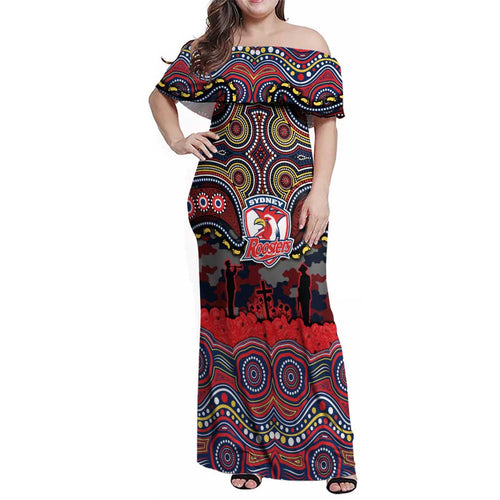 ANZAC Day Sydney Roosters Family Matching Off Shoulder Maxi Dress and Hawaiian Shirt Military Memorial Aboriginal Indigenous Art