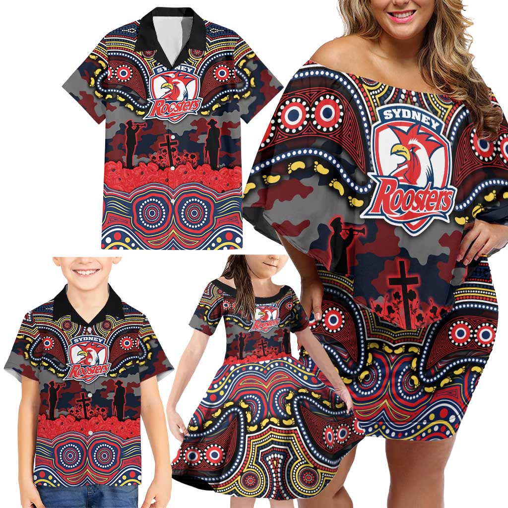 ANZAC Day Sydney Roosters Family Matching Off Shoulder Short Dress and Hawaiian Shirt Military Memorial Aboriginal Indigenous Art