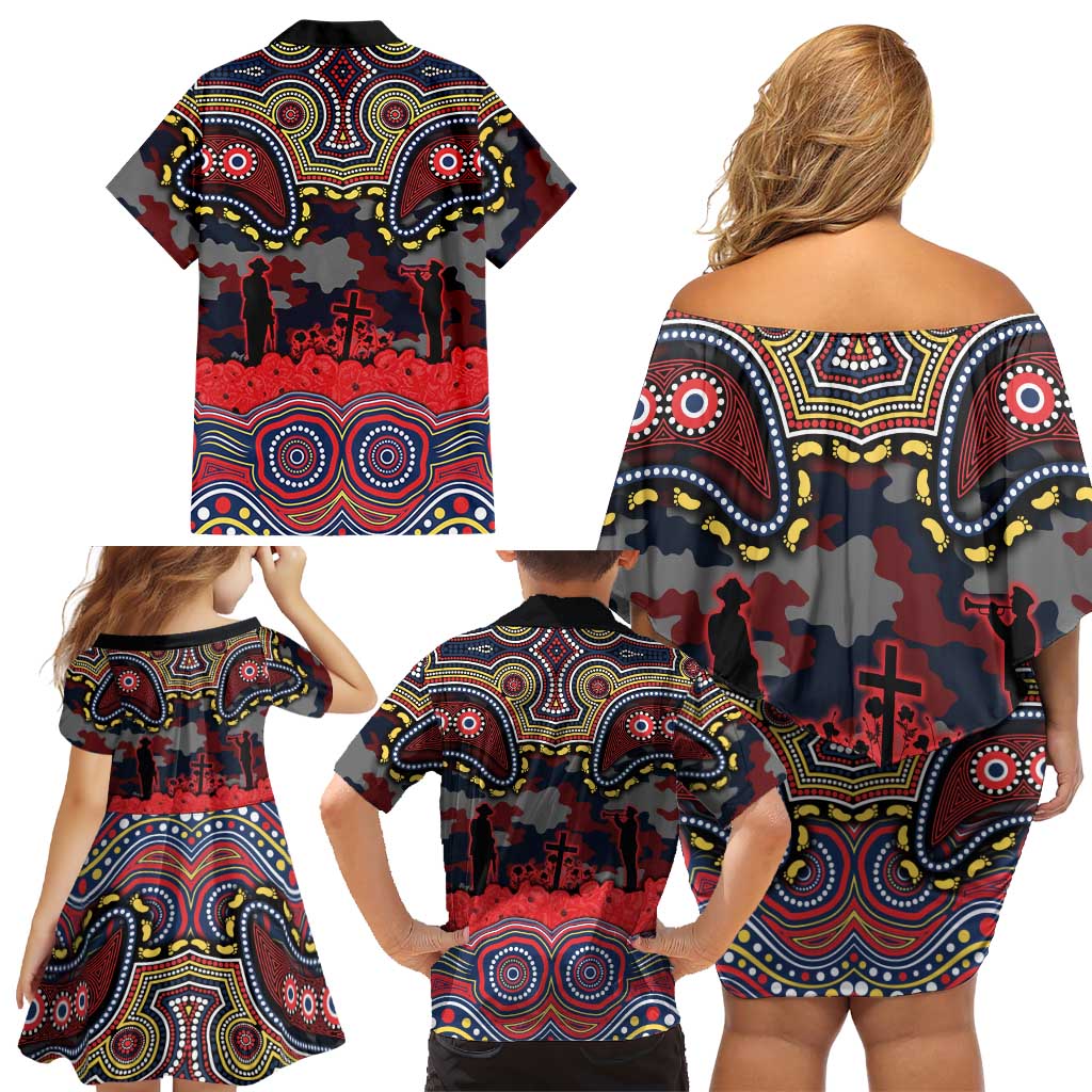 ANZAC Day Sydney Roosters Family Matching Off Shoulder Short Dress and Hawaiian Shirt Military Memorial Aboriginal Indigenous Art