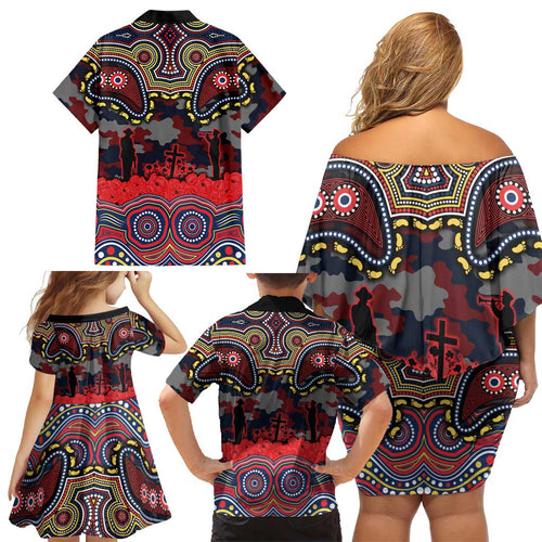 ANZAC Day Sydney Roosters Family Matching Off Shoulder Short Dress and Hawaiian Shirt Military Memorial Aboriginal Indigenous Art
