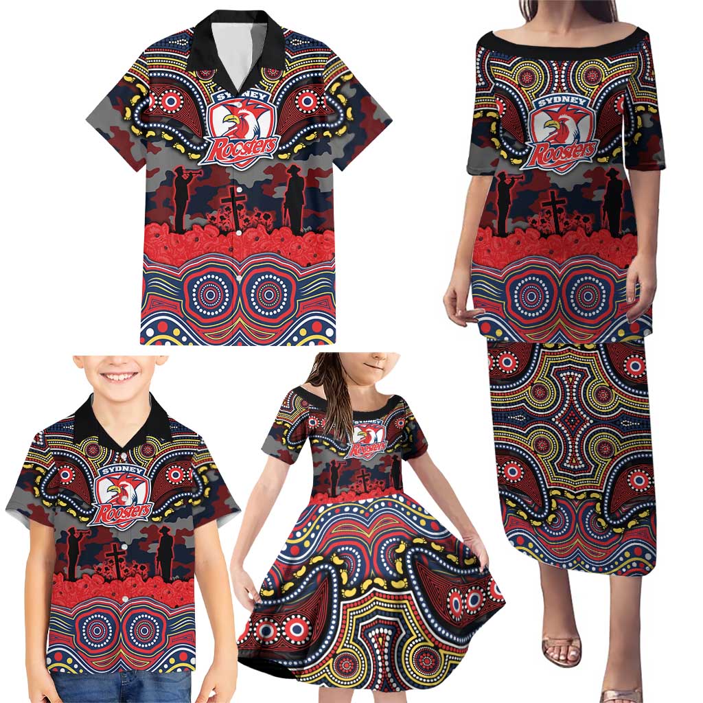 ANZAC Day Sydney Roosters Family Matching Puletasi and Hawaiian Shirt Military Memorial Aboriginal Indigenous Art