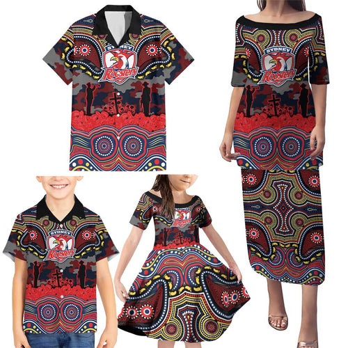 ANZAC Day Sydney Roosters Family Matching Puletasi and Hawaiian Shirt Military Memorial Aboriginal Indigenous Art