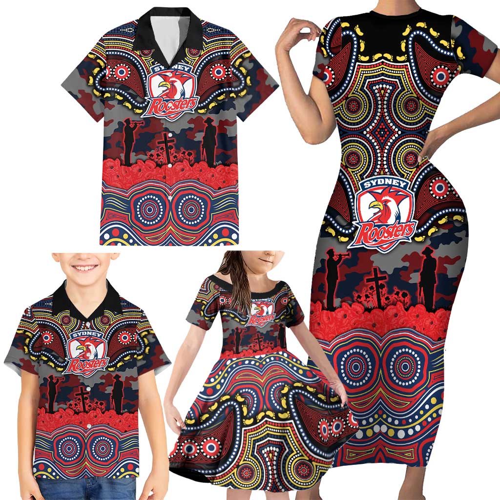 ANZAC Day Sydney Roosters Family Matching Short Sleeve Bodycon Dress and Hawaiian Shirt Military Memorial Aboriginal Indigenous Art
