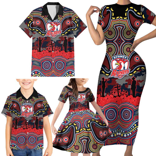 ANZAC Day Sydney Roosters Family Matching Short Sleeve Bodycon Dress and Hawaiian Shirt Military Memorial Aboriginal Indigenous Art