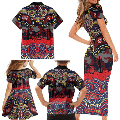 ANZAC Day Sydney Roosters Family Matching Short Sleeve Bodycon Dress and Hawaiian Shirt Military Memorial Aboriginal Indigenous Art