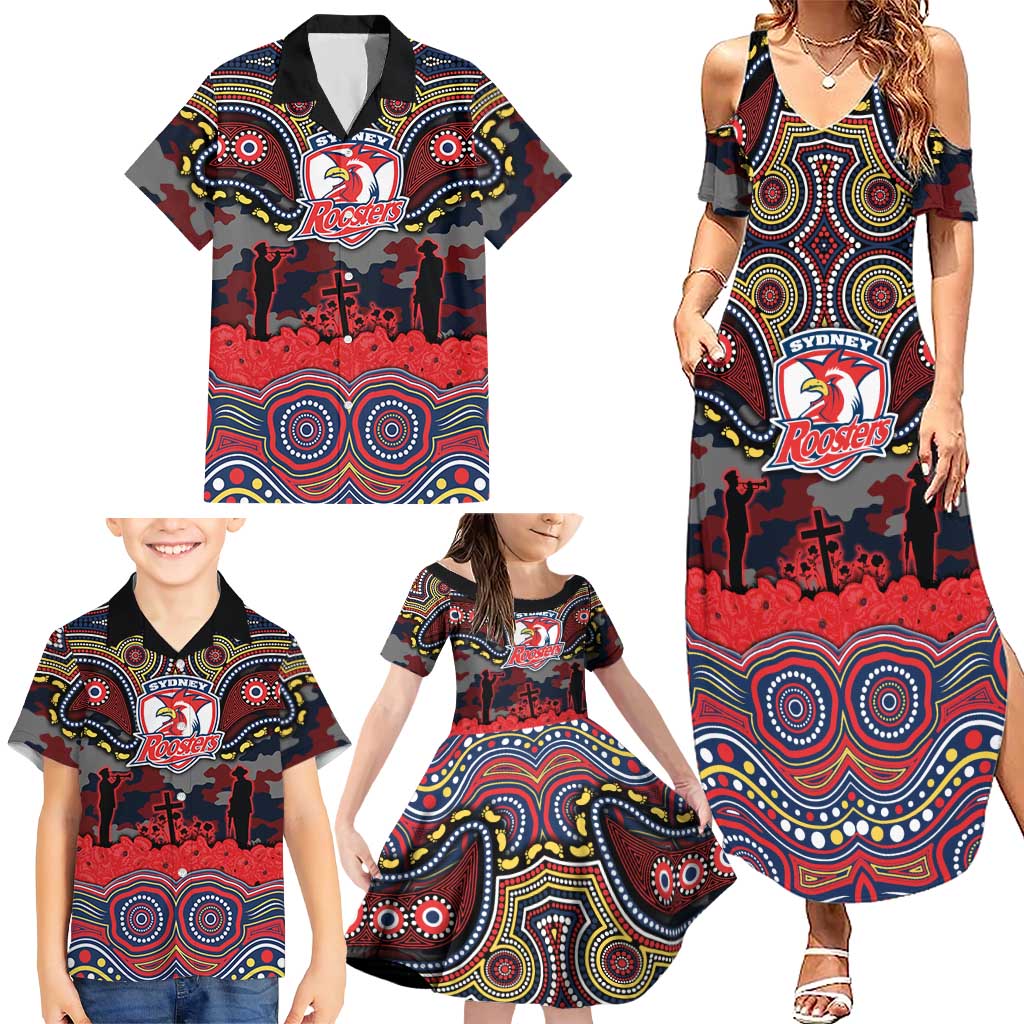 ANZAC Day Sydney Roosters Family Matching Summer Maxi Dress and Hawaiian Shirt Military Memorial Aboriginal Indigenous Art