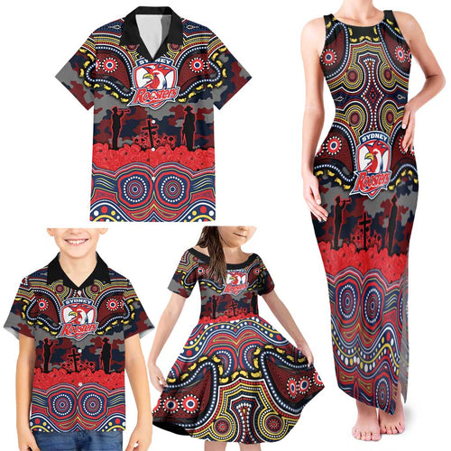 ANZAC Day Sydney Roosters Family Matching Tank Maxi Dress and Hawaiian Shirt Military Memorial Aboriginal Indigenous Art
