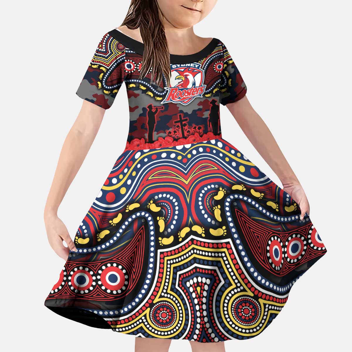 ANZAC Day Sydney Roosters Kid Short Sleeve Dress Military Memorial Aboriginal Indigenous Art
