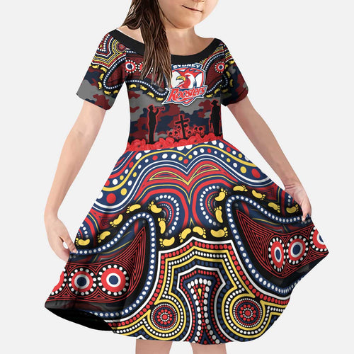 ANZAC Day Sydney Roosters Kid Short Sleeve Dress Military Memorial Aboriginal Indigenous Art