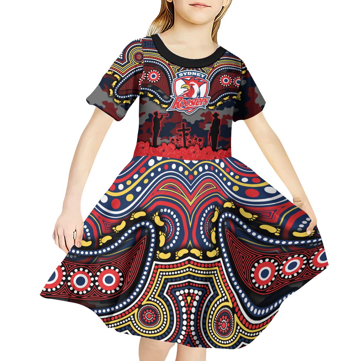 ANZAC Day Sydney Roosters Kid Short Sleeve Dress Military Memorial Aboriginal Indigenous Art