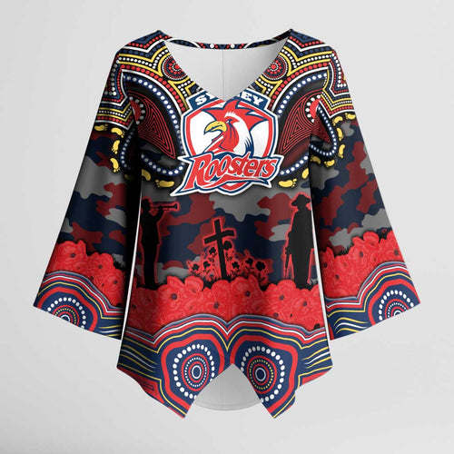 ANZAC Day Sydney Roosters Kimono Sleeve Blouse Military Memorial Aboriginal Indigenous Art