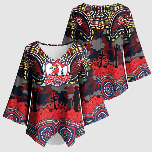 ANZAC Day Sydney Roosters Kimono Sleeve Blouse Military Memorial Aboriginal Indigenous Art