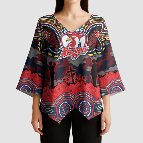 ANZAC Day Sydney Roosters Kimono Sleeve Blouse Military Memorial Aboriginal Indigenous Art