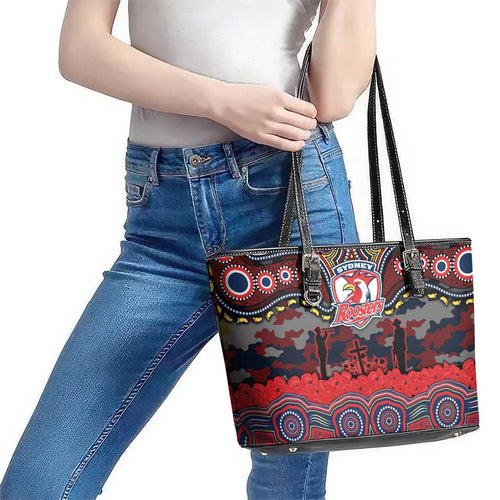 ANZAC Day Sydney Roosters Leather Tote Bag Military Memorial Aboriginal Indigenous Art
