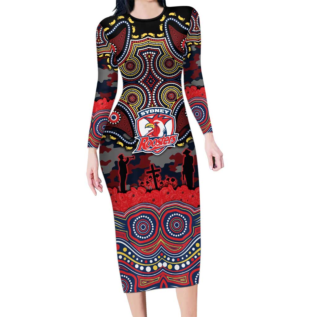 ANZAC Day Sydney Roosters Long Sleeve Bodycon Dress Military Memorial Aboriginal Indigenous Art