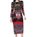 ANZAC Day Sydney Roosters Long Sleeve Bodycon Dress Military Memorial Aboriginal Indigenous Art