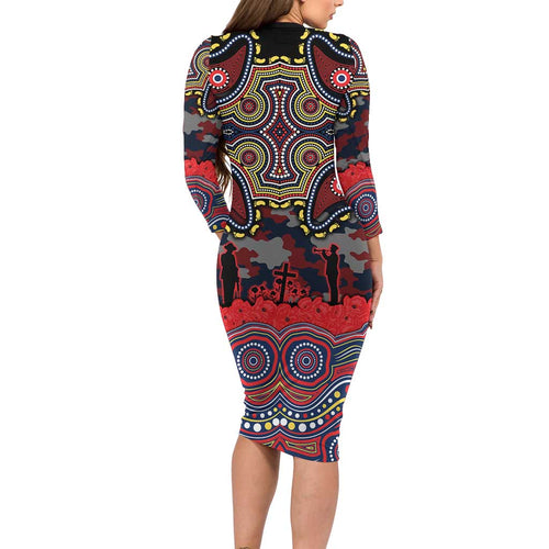 ANZAC Day Sydney Roosters Long Sleeve Bodycon Dress Military Memorial Aboriginal Indigenous Art