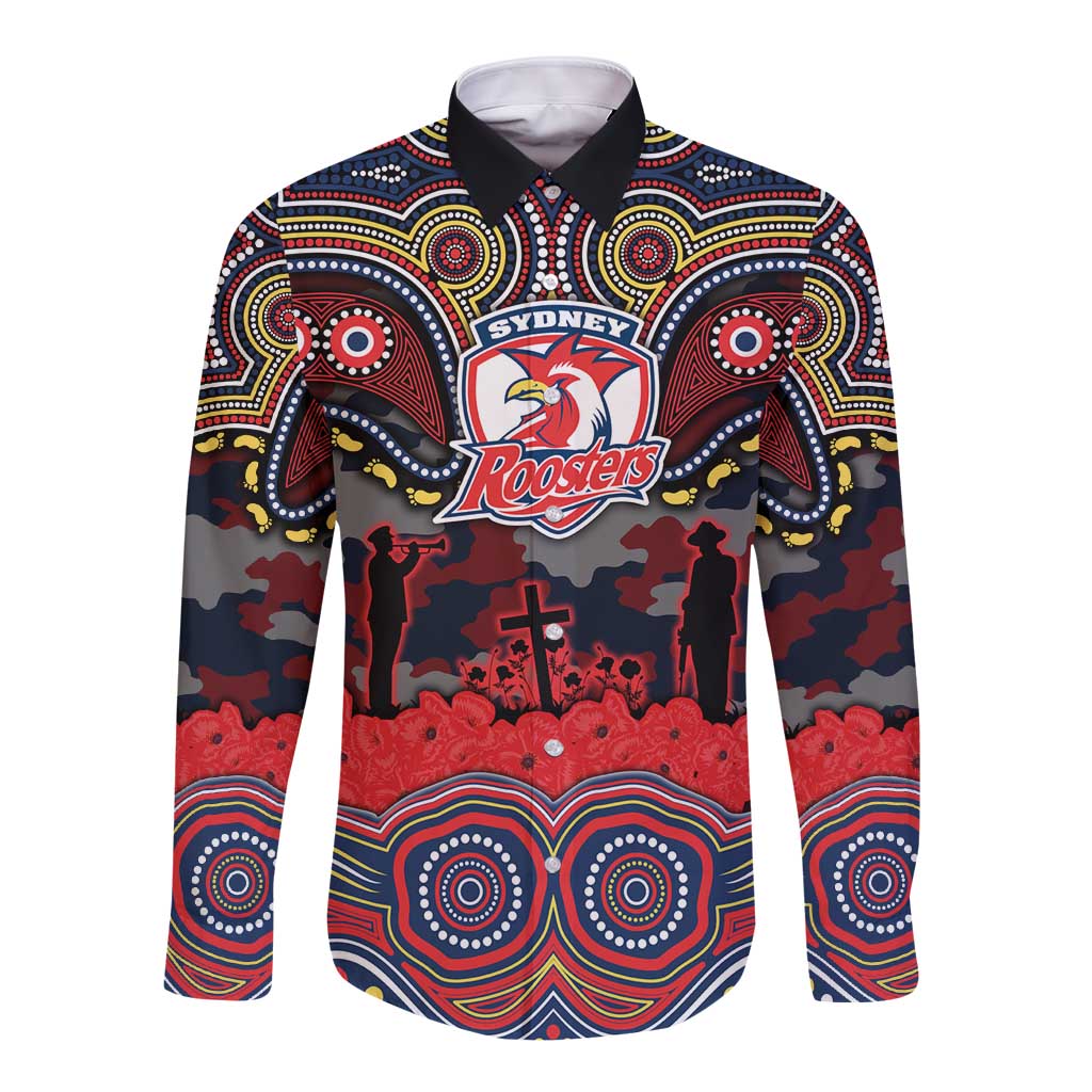 ANZAC Day Sydney Roosters Long Sleeve Button Shirt Military Memorial Aboriginal Indigenous Art