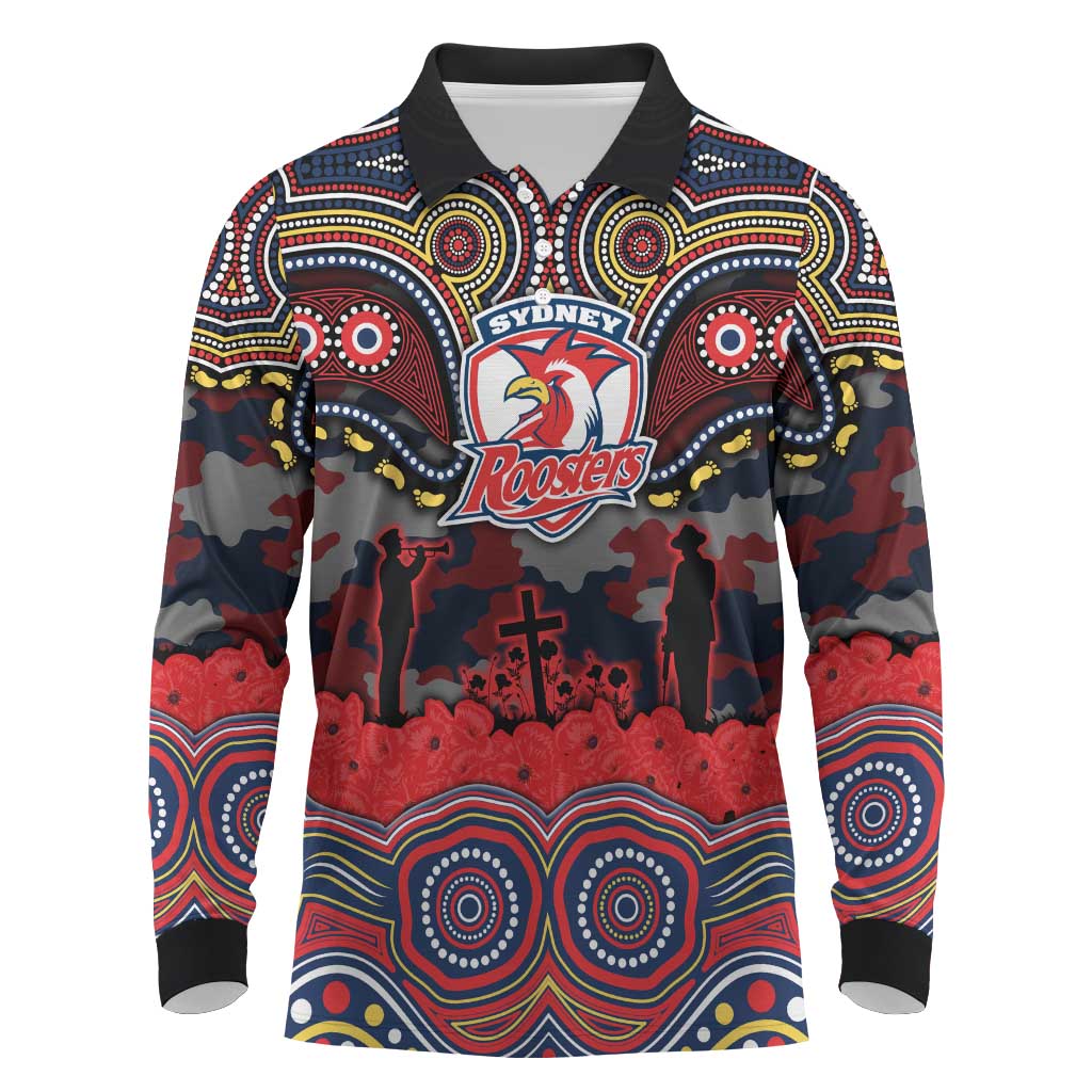 ANZAC Day Sydney Roosters Long Sleeve Polo Shirt Military Memorial Aboriginal Indigenous Art