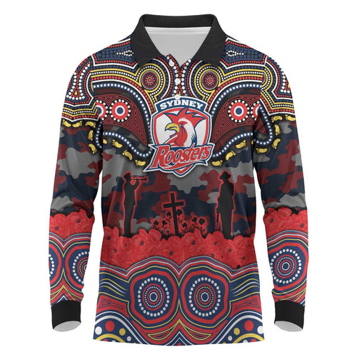 ANZAC Day Sydney Roosters Long Sleeve Polo Shirt Military Memorial Aboriginal Indigenous Art