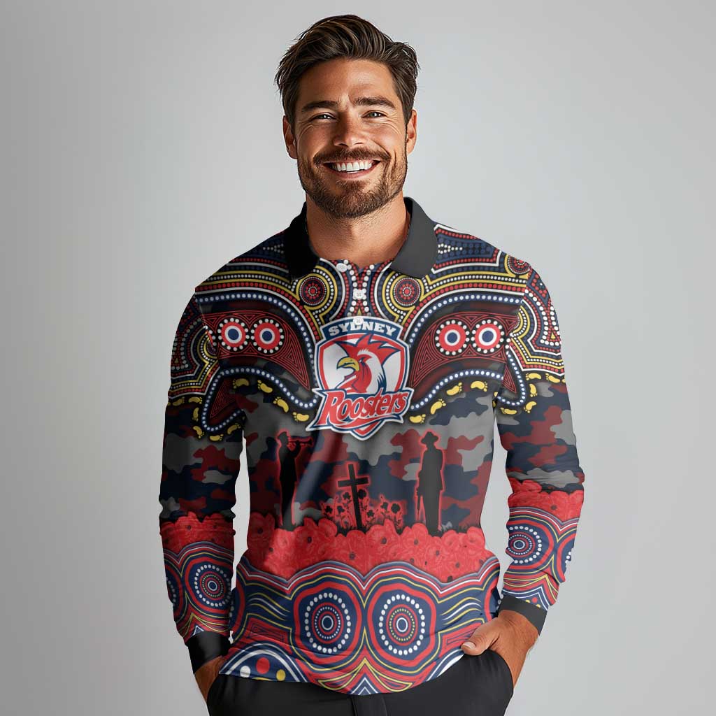 ANZAC Day Sydney Roosters Long Sleeve Polo Shirt Military Memorial Aboriginal Indigenous Art