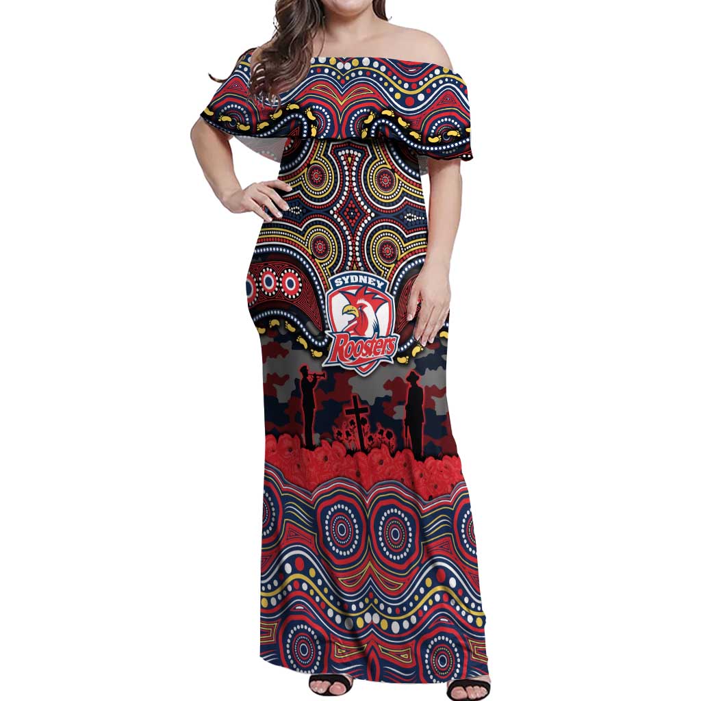 ANZAC Day Sydney Roosters Off Shoulder Maxi Dress Military Memorial Aboriginal Indigenous Art