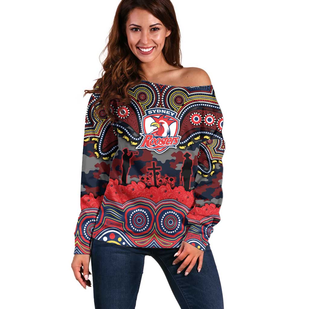 ANZAC Day Sydney Roosters Off Shoulder Sweater Military Memorial Aboriginal Indigenous Art