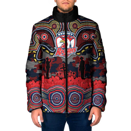 ANZAC Day Sydney Roosters Padded Jacket Military Memorial Aboriginal Indigenous Art