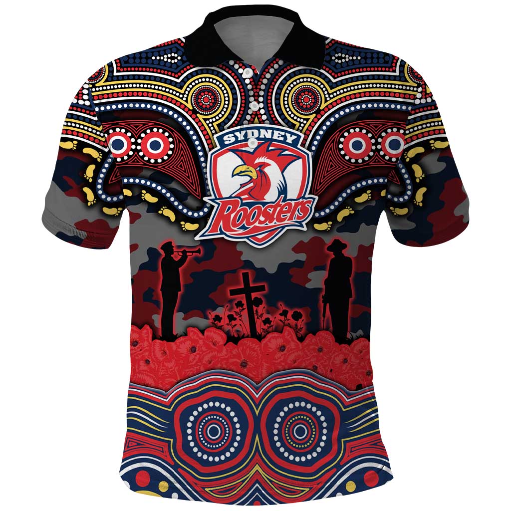 ANZAC Day Sydney Roosters Polo Shirt Military Memorial Aboriginal Indigenous Art