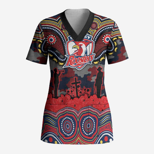 ANZAC Day Sydney Roosters Scrub Top Military Memorial Aboriginal Indigenous Art