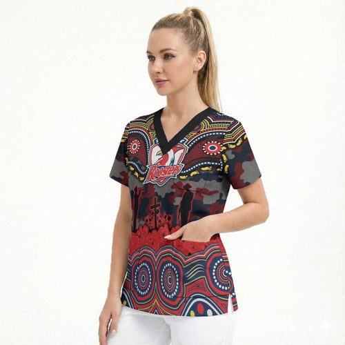ANZAC Day Sydney Roosters Scrub Top Military Memorial Aboriginal Indigenous Art