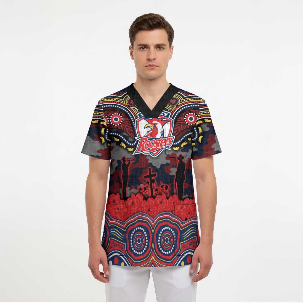 ANZAC Day Sydney Roosters Scrub Top Military Memorial Aboriginal Indigenous Art