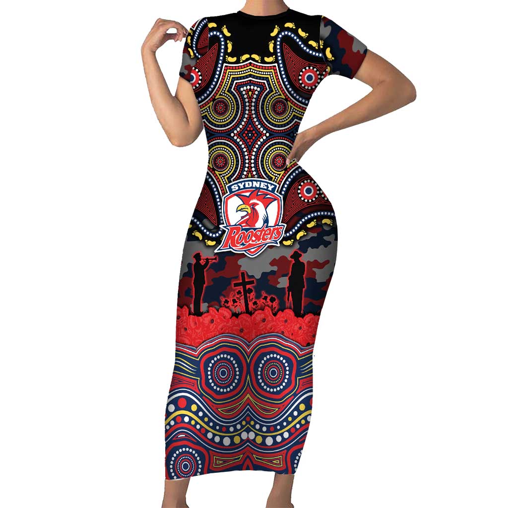 ANZAC Day Sydney Roosters Short Sleeve Bodycon Dress Military Memorial Aboriginal Indigenous Art