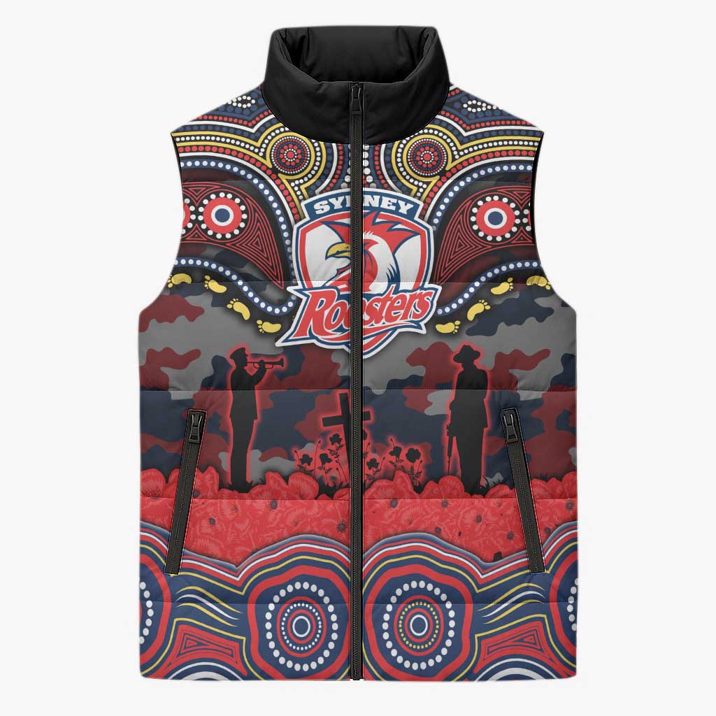 ANZAC Day Sydney Roosters Sleeveless Puffer Jacket Military Memorial Aboriginal Indigenous Art