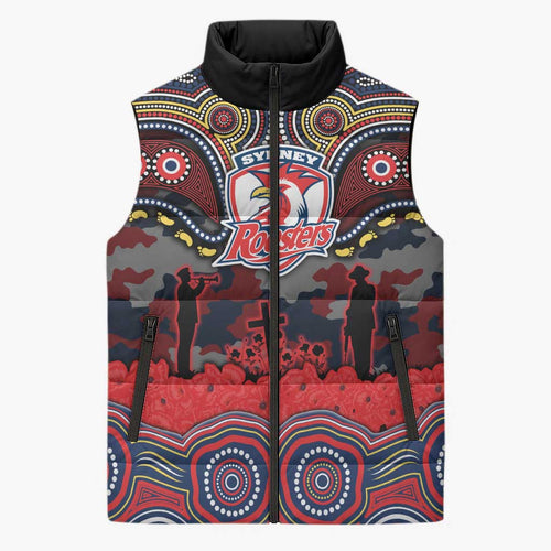 ANZAC Day Sydney Roosters Sleeveless Puffer Jacket Military Memorial Aboriginal Indigenous Art
