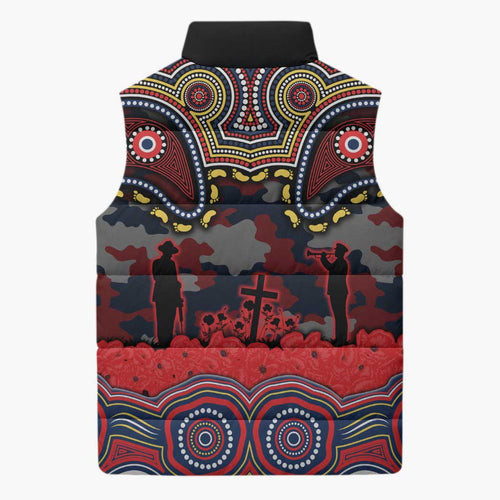 ANZAC Day Sydney Roosters Sleeveless Puffer Jacket Military Memorial Aboriginal Indigenous Art