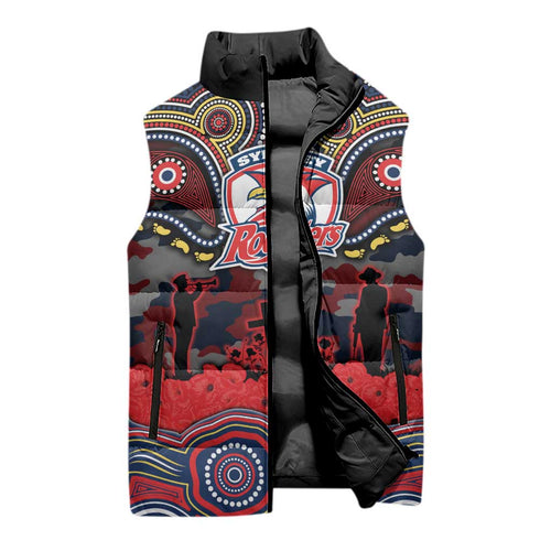 ANZAC Day Sydney Roosters Sleeveless Puffer Jacket Military Memorial Aboriginal Indigenous Art