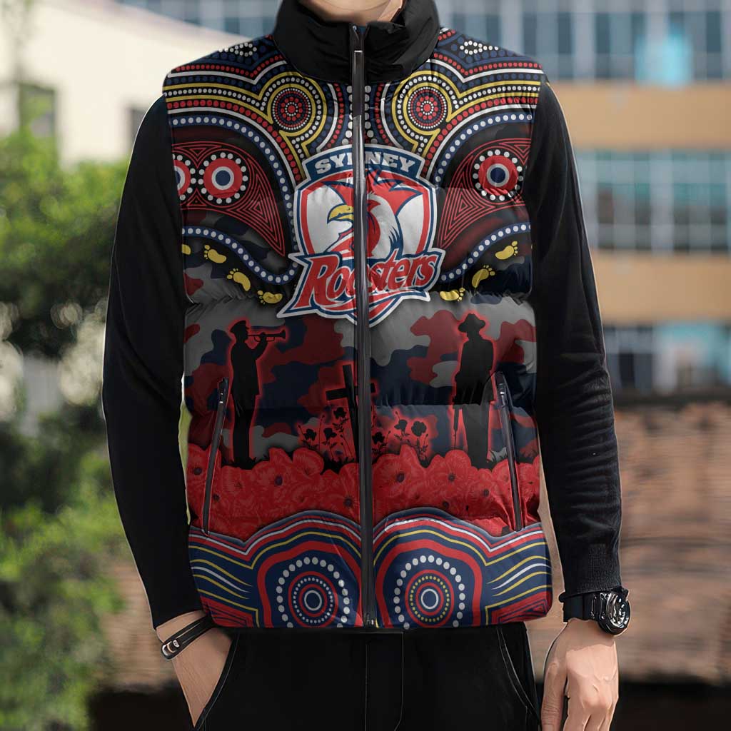 ANZAC Day Sydney Roosters Sleeveless Puffer Jacket Military Memorial Aboriginal Indigenous Art