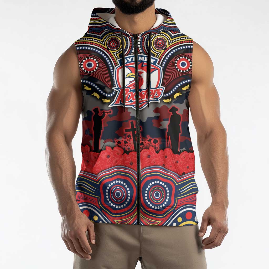 ANZAC Day Sydney Roosters Sleeveless Zip Hoodie Military Memorial Aboriginal Indigenous Art