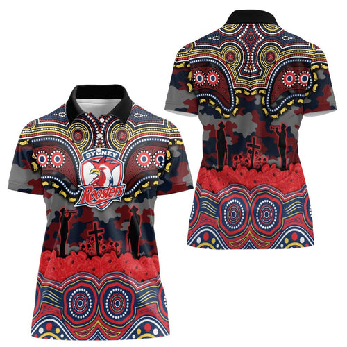 ANZAC Day Sydney Roosters Women Polo Shirt Military Memorial Aboriginal Indigenous Art