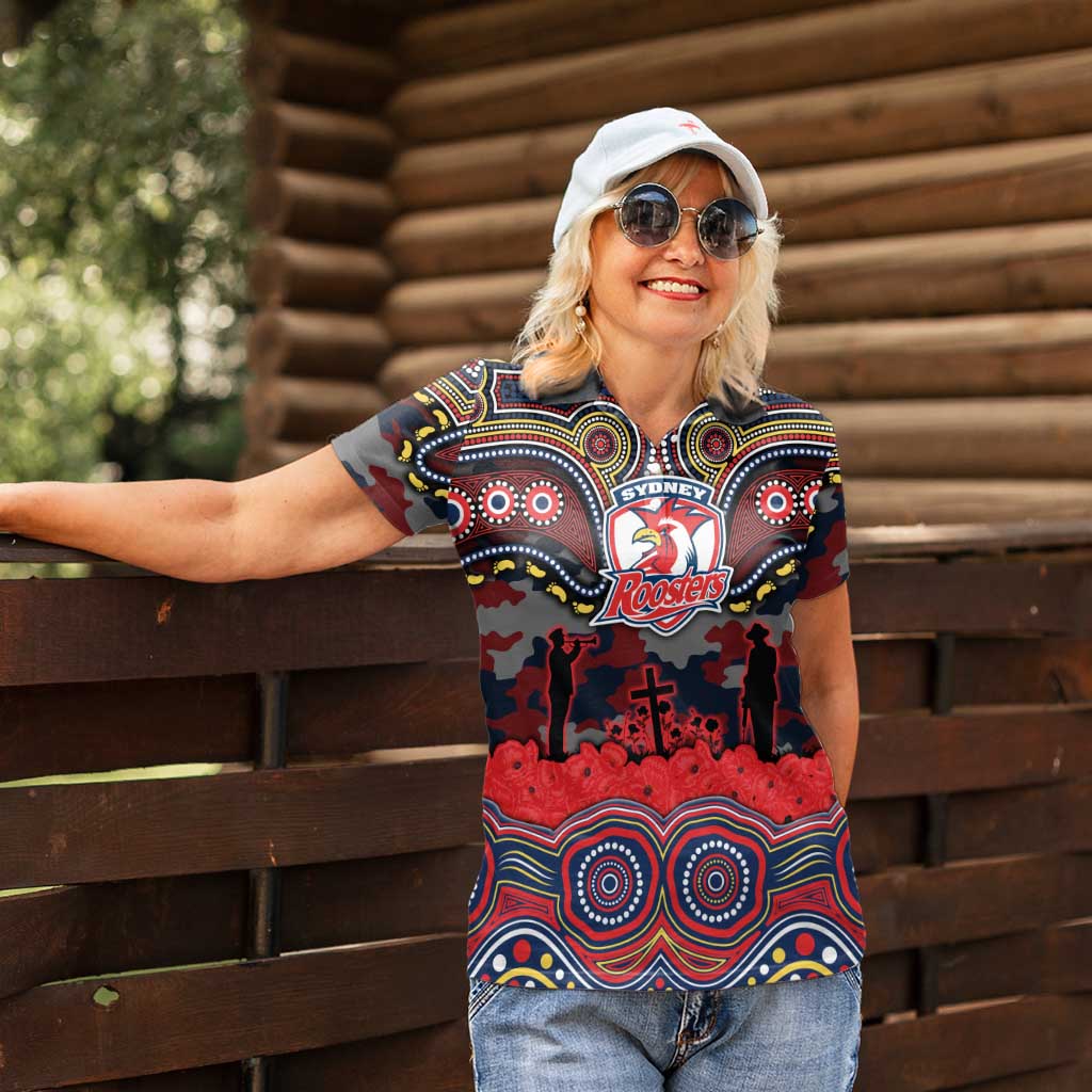 ANZAC Day Sydney Roosters Women Polo Shirt Military Memorial Aboriginal Indigenous Art