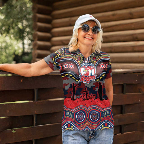 ANZAC Day Sydney Roosters Women Polo Shirt Military Memorial Aboriginal Indigenous Art