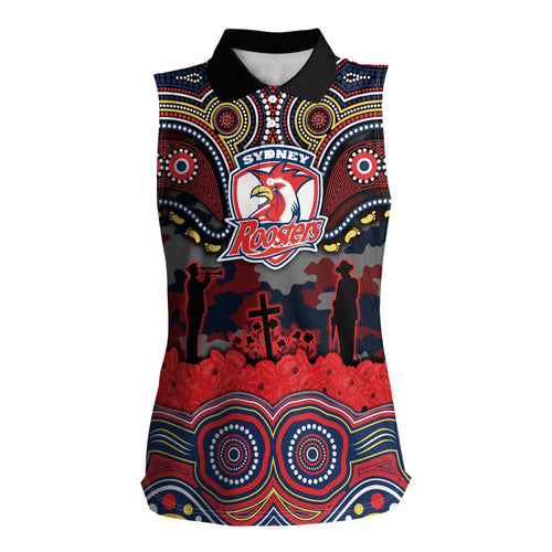 ANZAC Day Sydney Roosters Women Sleeveless Polo Shirt Military Memorial Aboriginal Indigenous Art