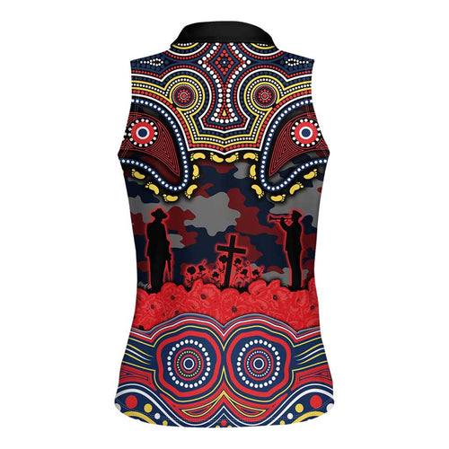 ANZAC Day Sydney Roosters Women Sleeveless Polo Shirt Military Memorial Aboriginal Indigenous Art