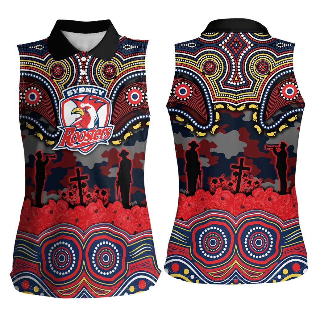 ANZAC Day Sydney Roosters Women Sleeveless Polo Shirt Military Memorial Aboriginal Indigenous Art