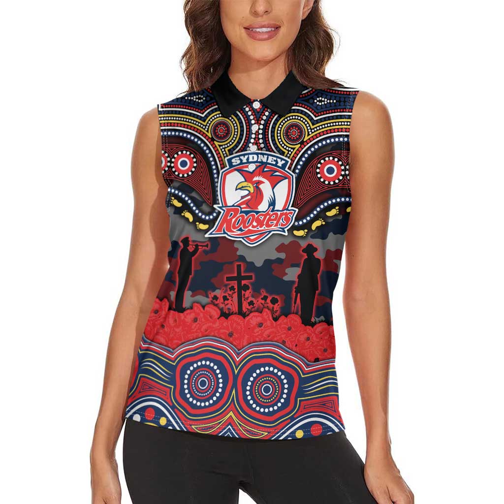 ANZAC Day Sydney Roosters Women Sleeveless Polo Shirt Military Memorial Aboriginal Indigenous Art