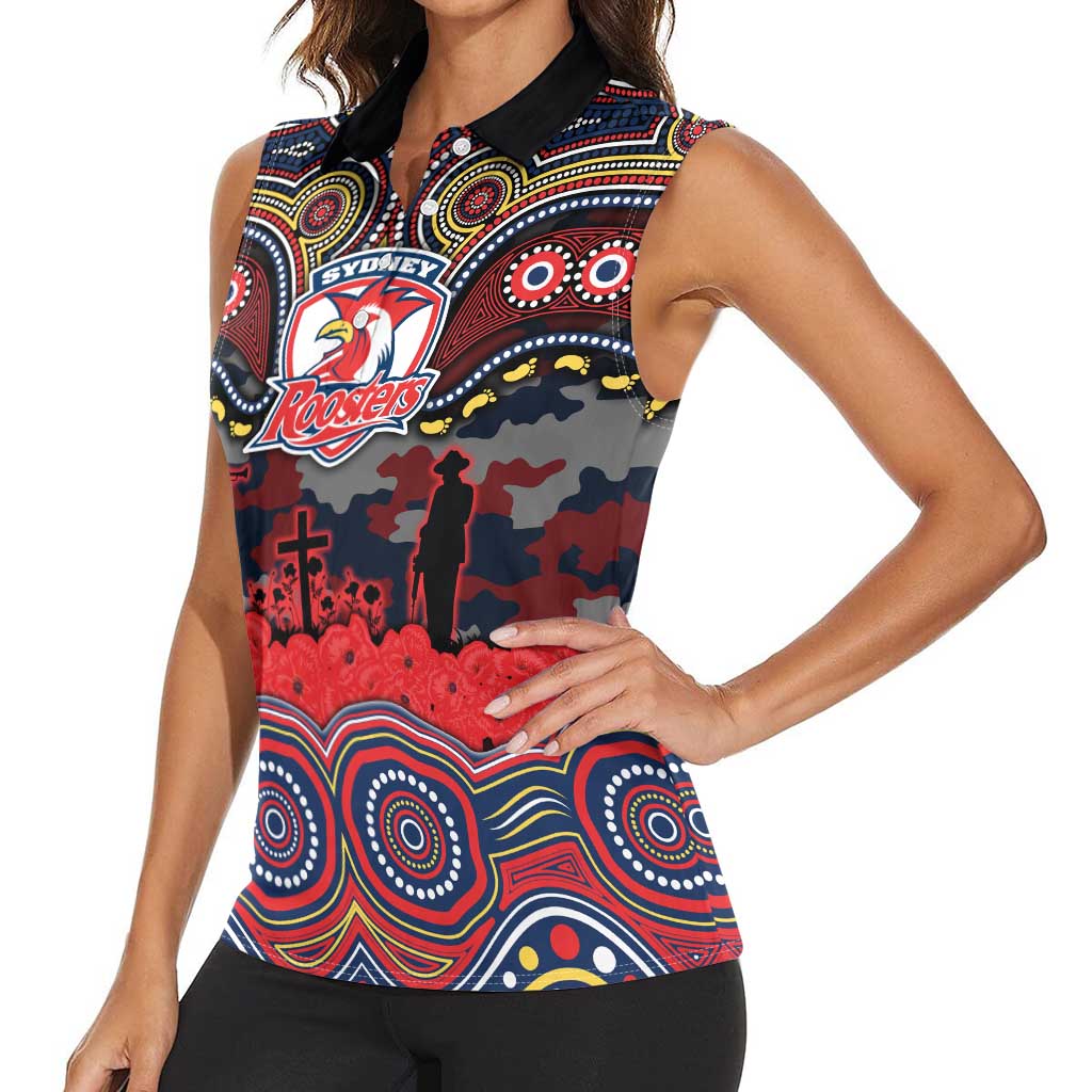 ANZAC Day Sydney Roosters Women Sleeveless Polo Shirt Military Memorial Aboriginal Indigenous Art